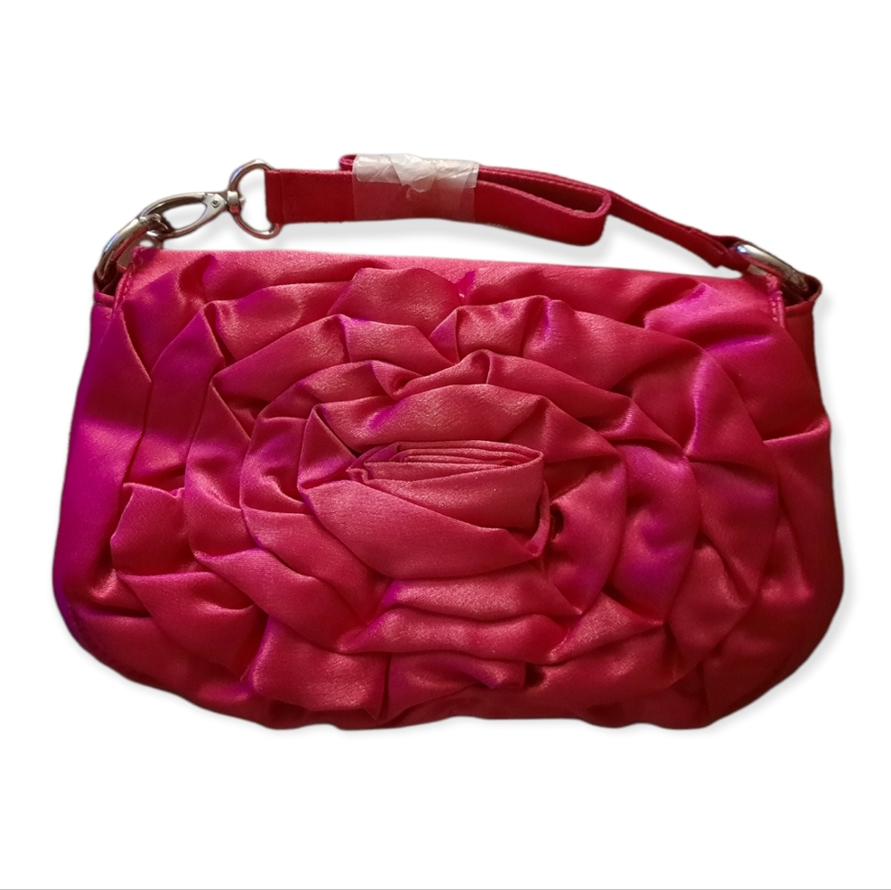Satin Floral Rosette Wristlet Clutch in Hot Pink